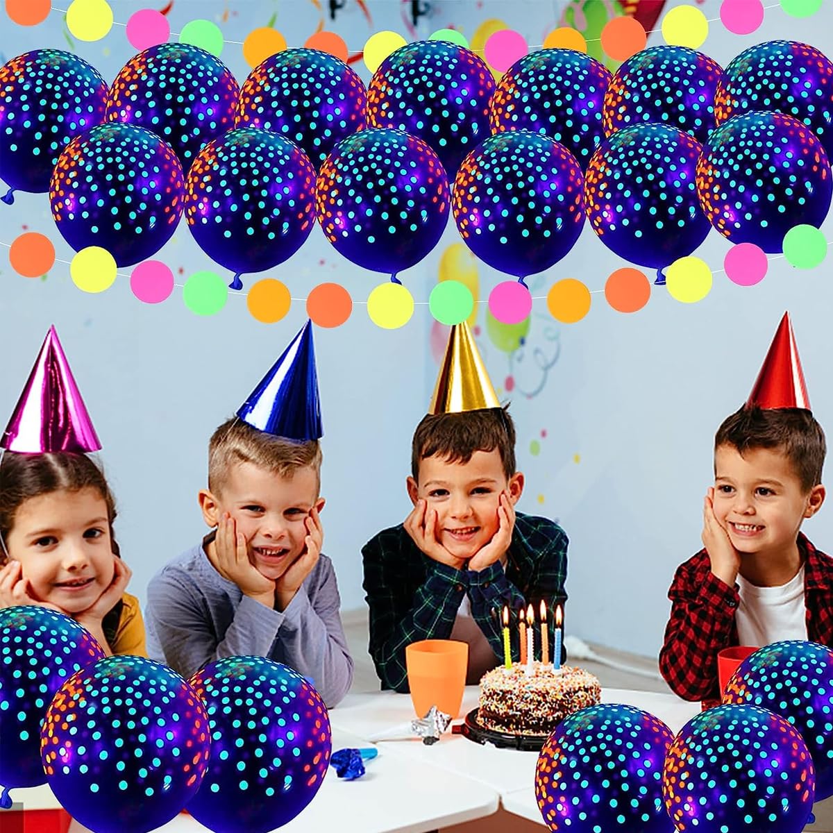 HASTHIP Neon Glow Party Supplies for Birthdays with 25 Balloons and 6 Rolls 98.4ft Tape | Blacklight Decorations