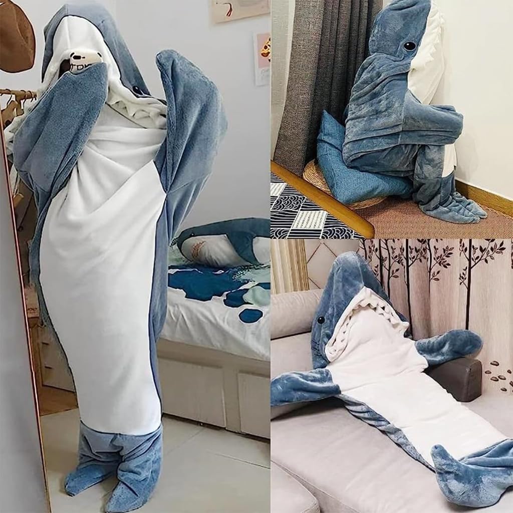 ZIBUYU® Adults Sleeping Bag Pajamas Warm Flannel Hoodie Sleeping Bag Cute Shark Hoodie Pajamas Sleeping Bag Soft Plush Sleeping Bag for Sleepovers Pajamas Party Sleeping Bag for Teens & Adults, XL