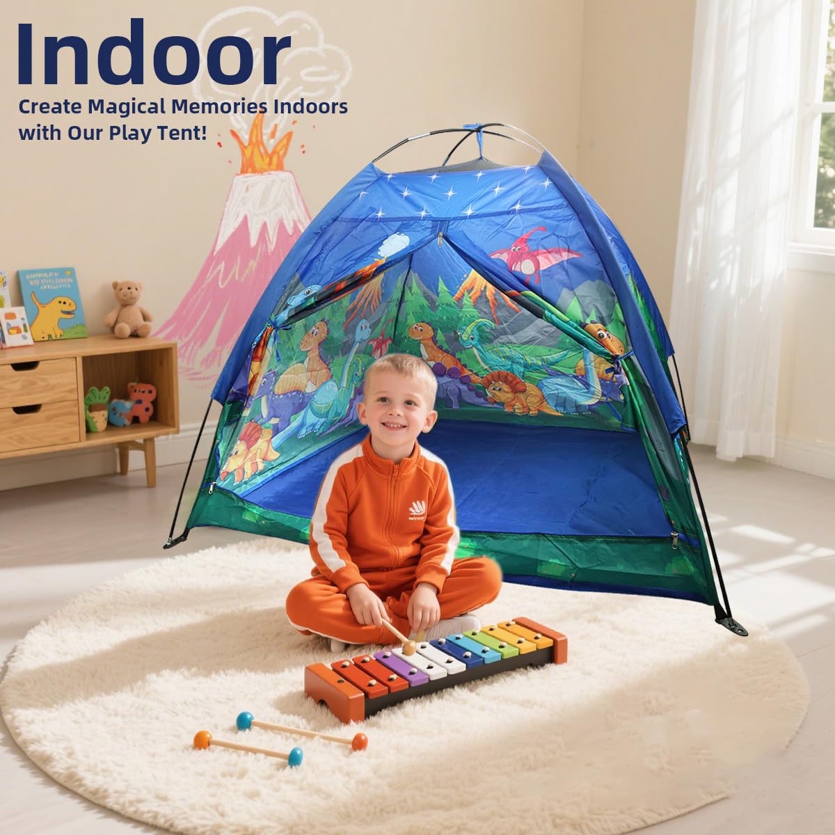 PATPAT Indoor Play Tent House for Kids featuring Breathable Mesh Roof 120x120x102cm | Cartoon Dinosaur Design