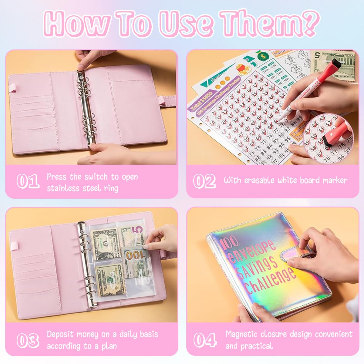 HASTHIP® 100 Envelopes Money Saving Challenge Binder Budgeting Planner $5050 Reusable Portable Organizer Money Saving Challenge Book