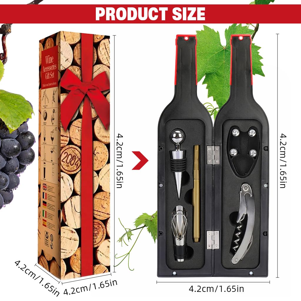 ZIBUYU Wine Accessories Kit 5Pcs for Parties and Gifts with Bottle Shaped Box | Includes Corkscrew and Stopper