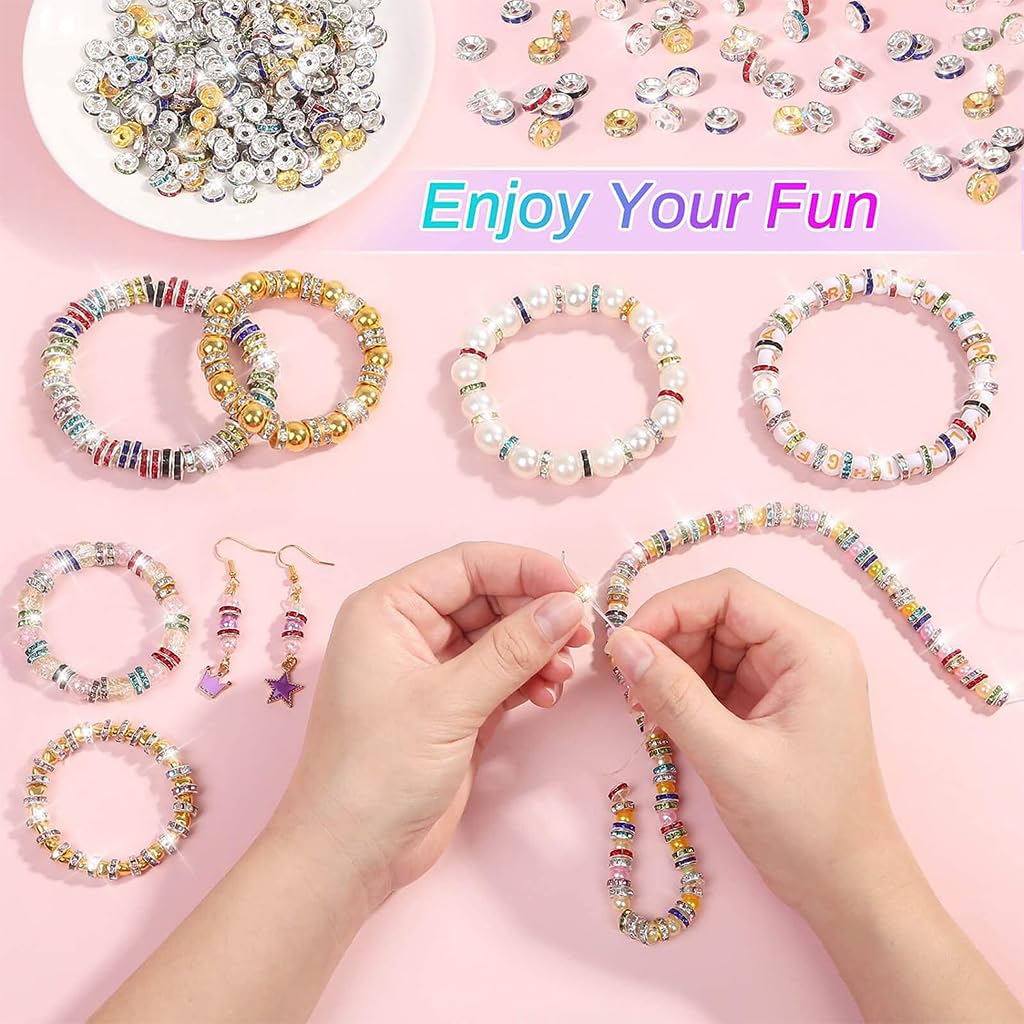 Venzina Crystal Spacer Beads for Jewelry Making with 600pcs 8mm Rhinestone Rondelles | 10 Colors for DIY Bracelets and Crafts
