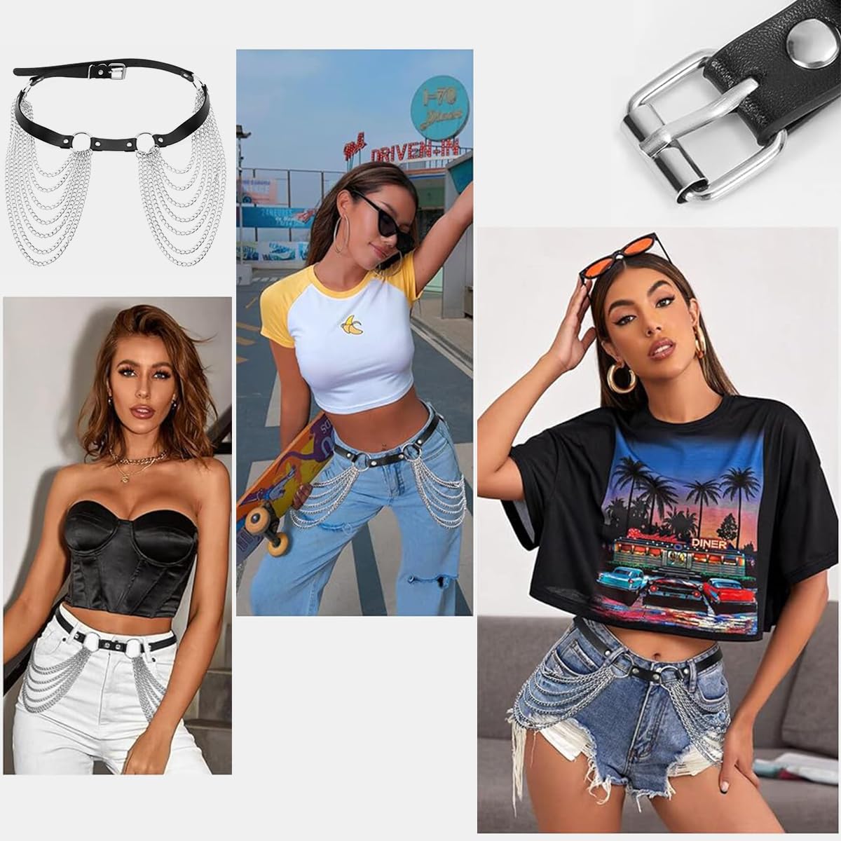Zibuyu Punk Belt for Women featuring Multi Layered Metal Chains and Adjustable Leather Fit