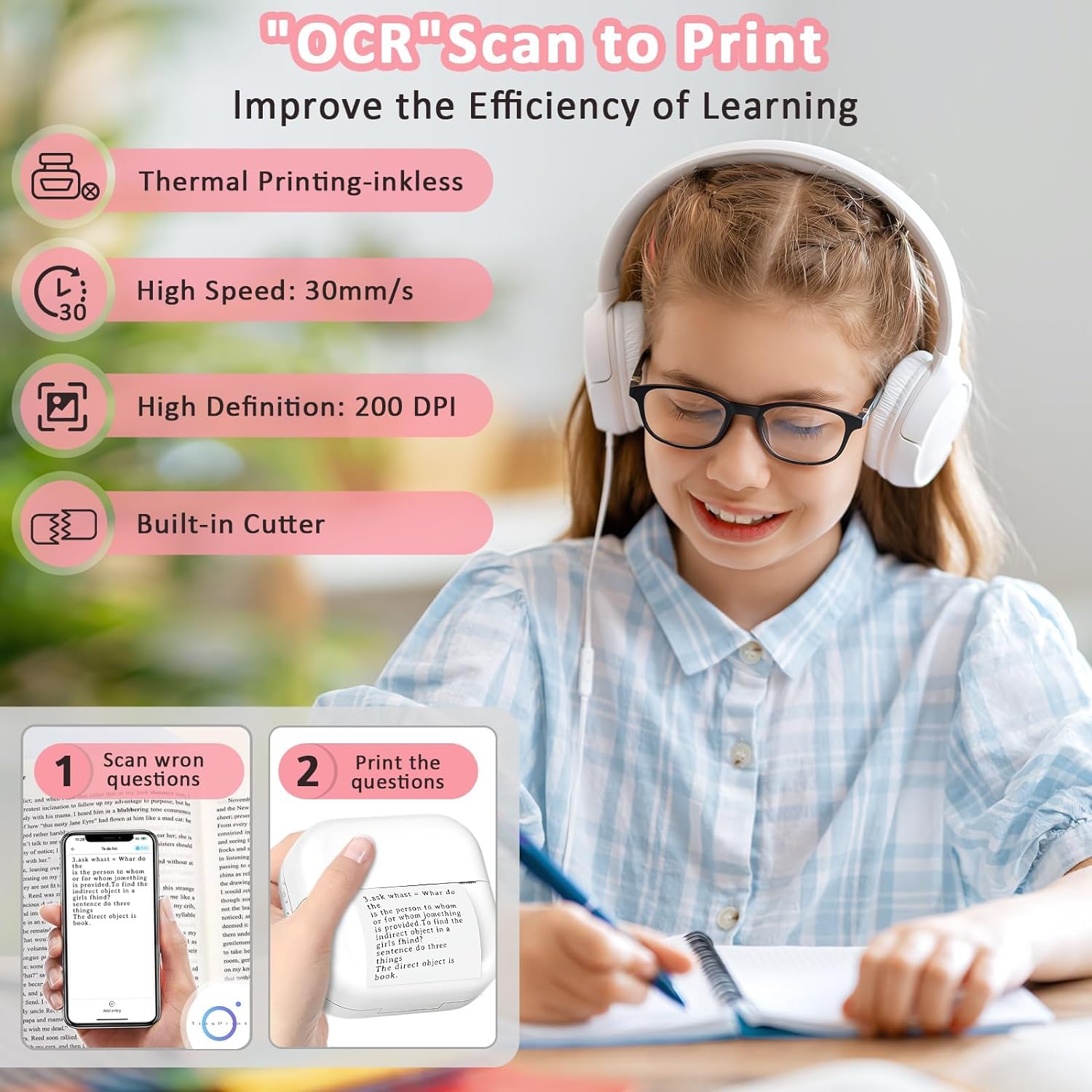 ZEITEL Portable Thermal Mini Printer for Mobile and Home Use with 200DPI Printing | Bluetooth Inkless Design for Students and Journaling
