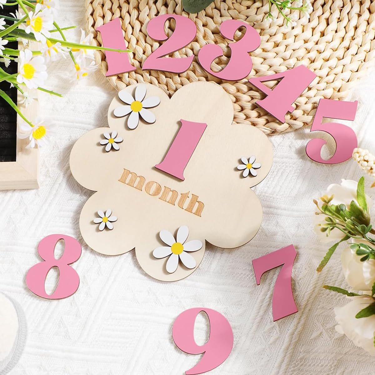 SNOWIE SOFT Floral Wooden Monthly Milestone Board for Newborn Photos with 0–9 Plates | Pink Photography Prop
