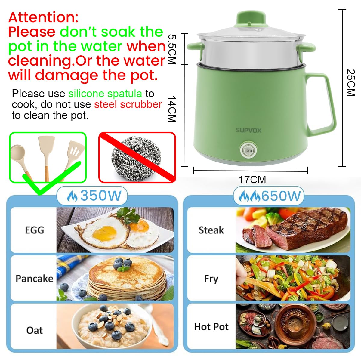 Supvox® Multi Cooker Electric Kettle 1.6 litre Steam Cooker Electric Mini Electric Cooker for Travelling 2 Power Setting Multipurpose Hot Pot for Cooking with Over-Heating & Dry-Boil Protection