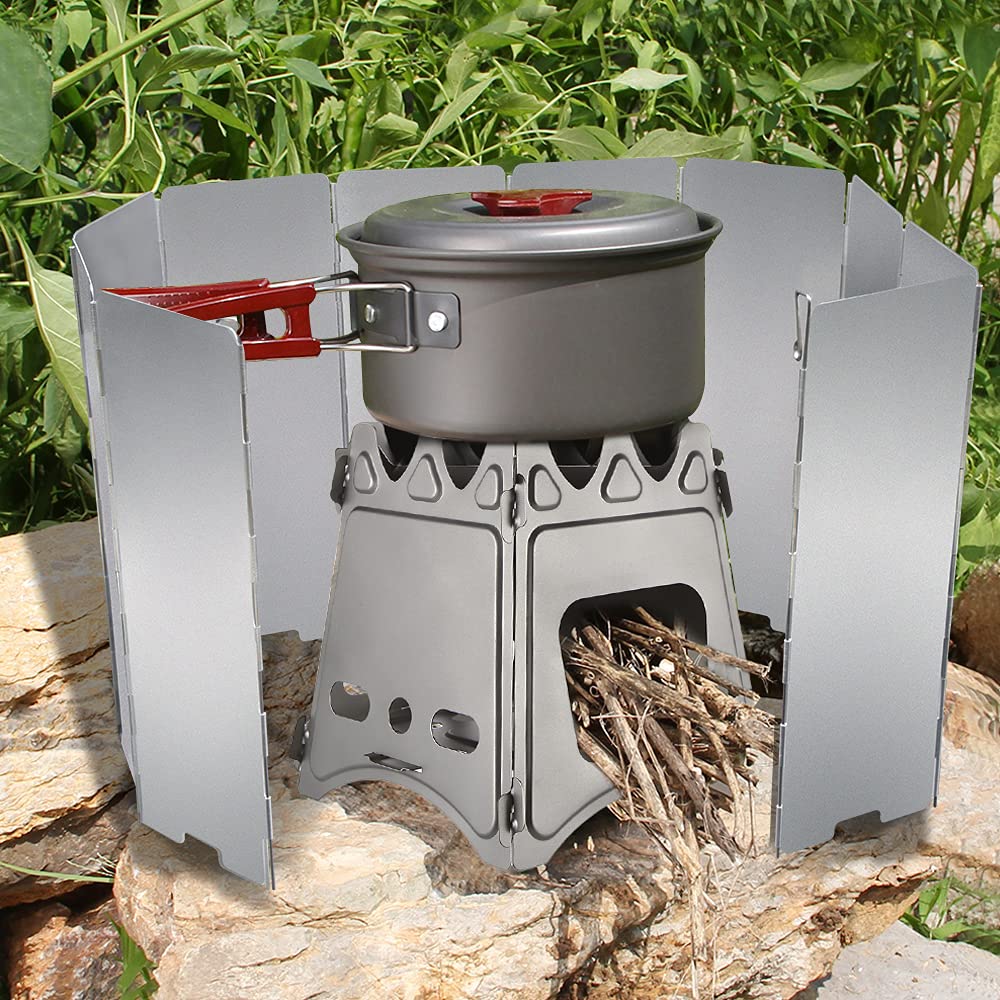 PROBEROS Camping Stove Windscreen with Bottom Vent and Pegs 32.7×9.5 in Aluminum Alloy | Foldable 10 Plate Design