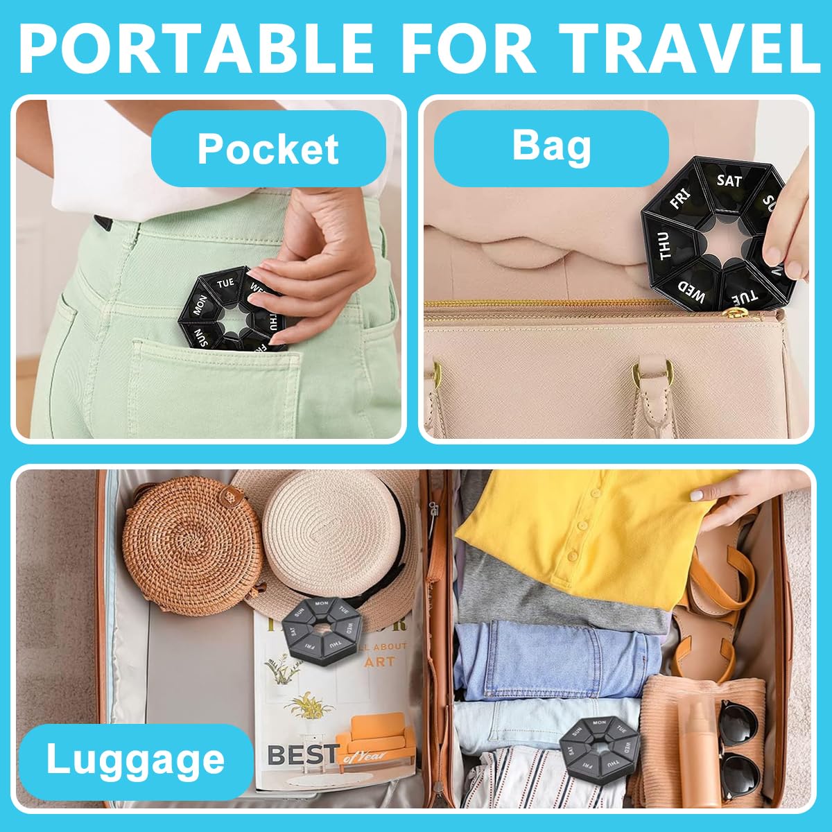 HANNEA Weekly Pill Organizer for Travel with 7 Sided Case 8.3×8.3×1.7cm | Food Grade PP