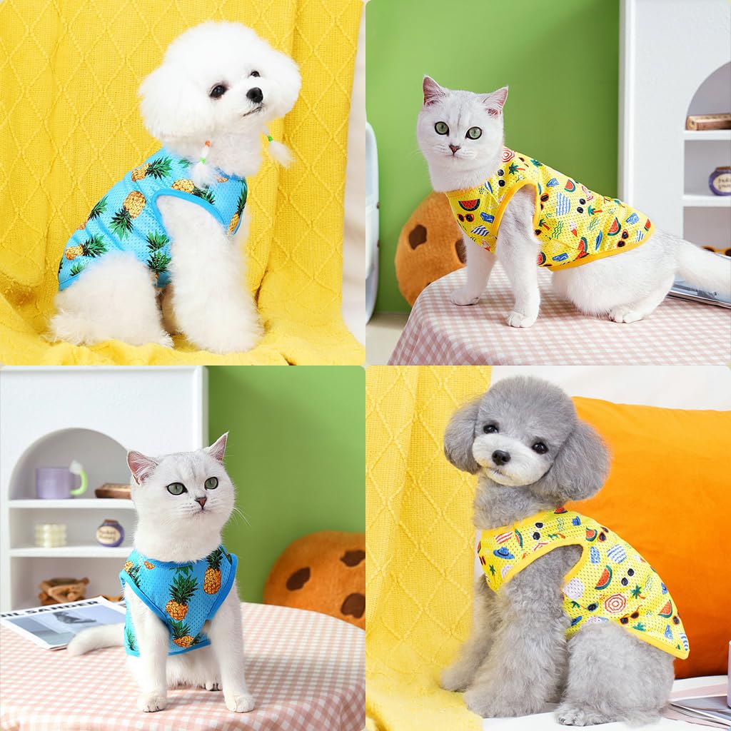 Qpets® 2 Pack Dog Clothes Lovely Print Shirt for Small Dogs Yellow & Blue Summer Breathable Dog Vest Stretchy Dog Clothes Sleeveless Dog Clothes for Small Dogs, Cat (Size: M, Yellow+Blue)