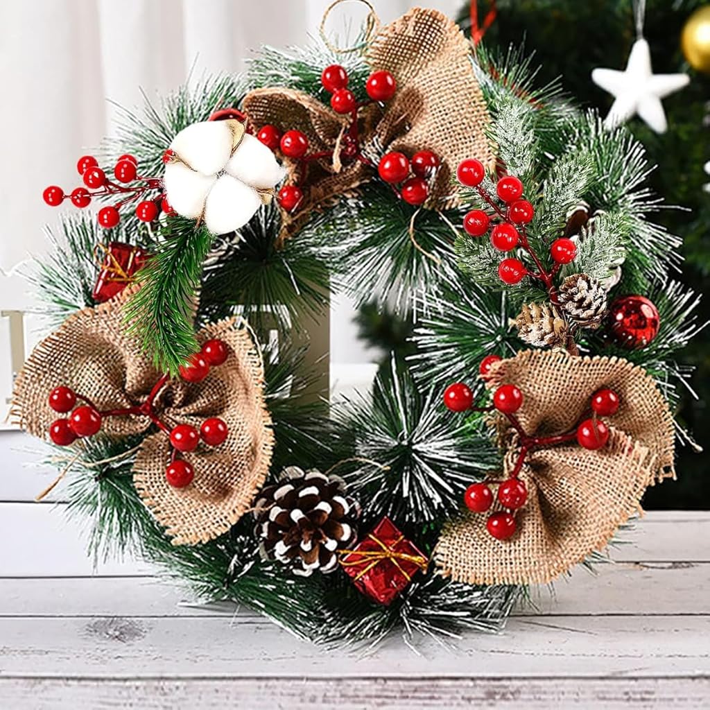 HASTHIP 5Pcs Christmas Red Berries Branches with Pinecones for Christmas Decorations 7.87 Inches Artificial Large Red Berry Pine Branches for Xmas Tree, Christmas Garland Wreath, DIY Craft Home Decor