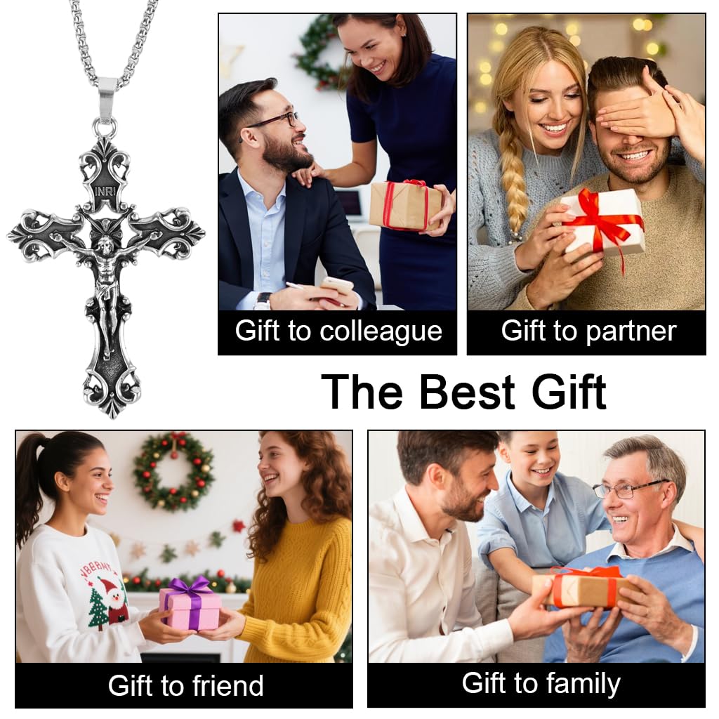 GUSTAVE Gothic Cross Necklace featuring 3D Embossed Pendant and 18–22 in Stainless Steel Chain