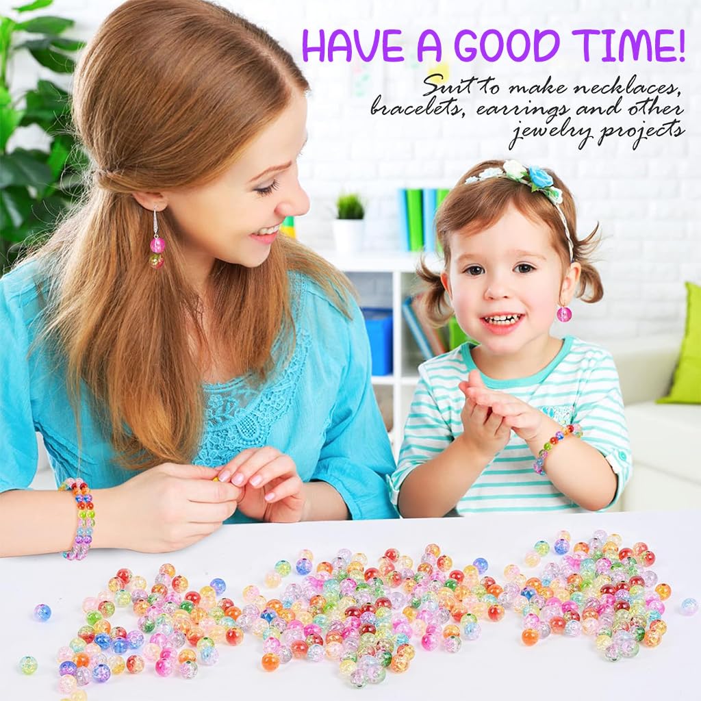 SANNIDHI 300Pcs Crack Glass Beads for Jewellery Making, 8mm Round Bracelet Beads Set, Random Colorful Crystal Beads for Kids Activity, Acrylic Beads Kit for Adults Girls DIY Bracelet Necklace Making