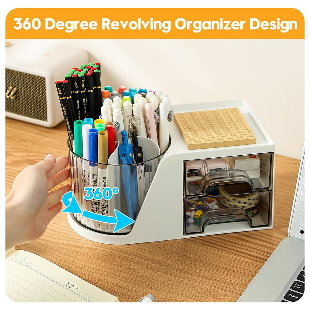 Zibuyu Study Table Organizer for Home and Office with 360° Rotating Compartments | White Desk Storage Box