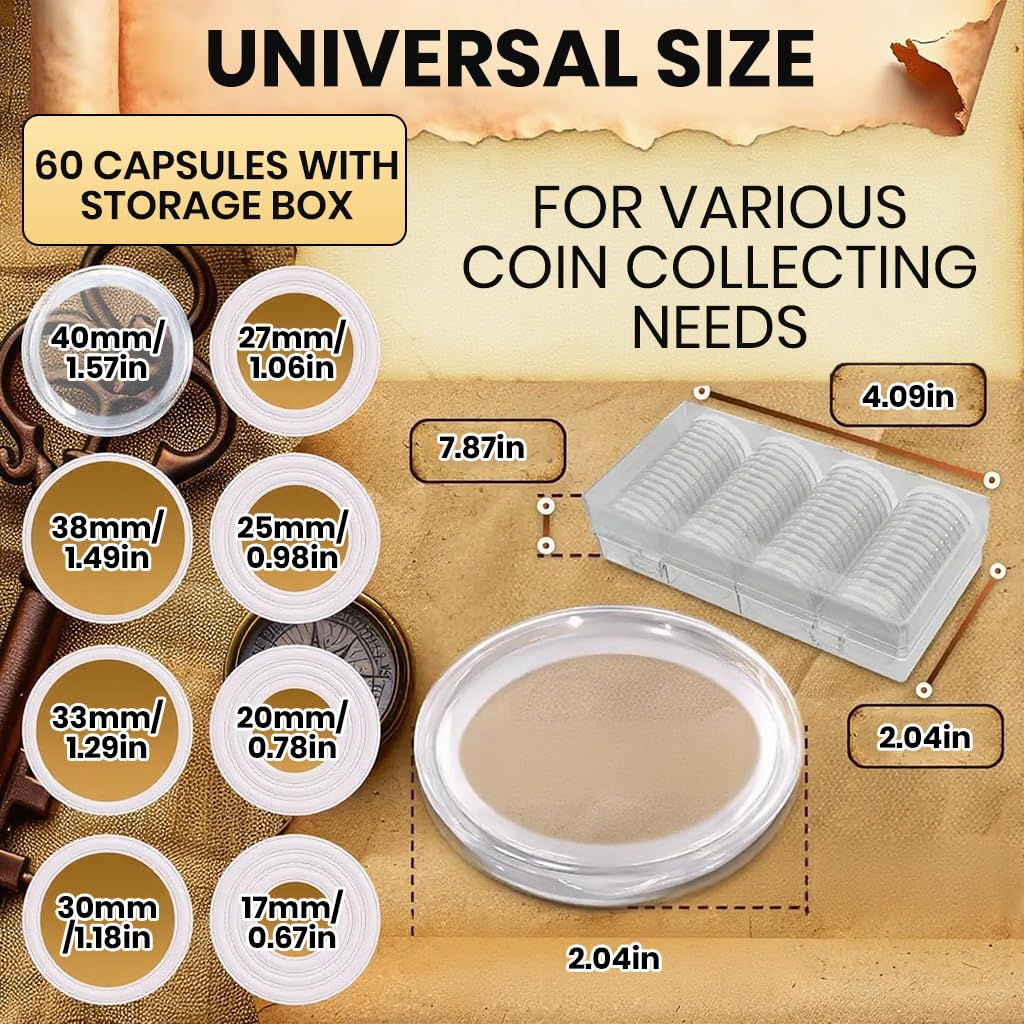 Climberty Coin Box for Collectors with 60 Pcs 17–40mm Capsules | Clear Plastic Organizer
