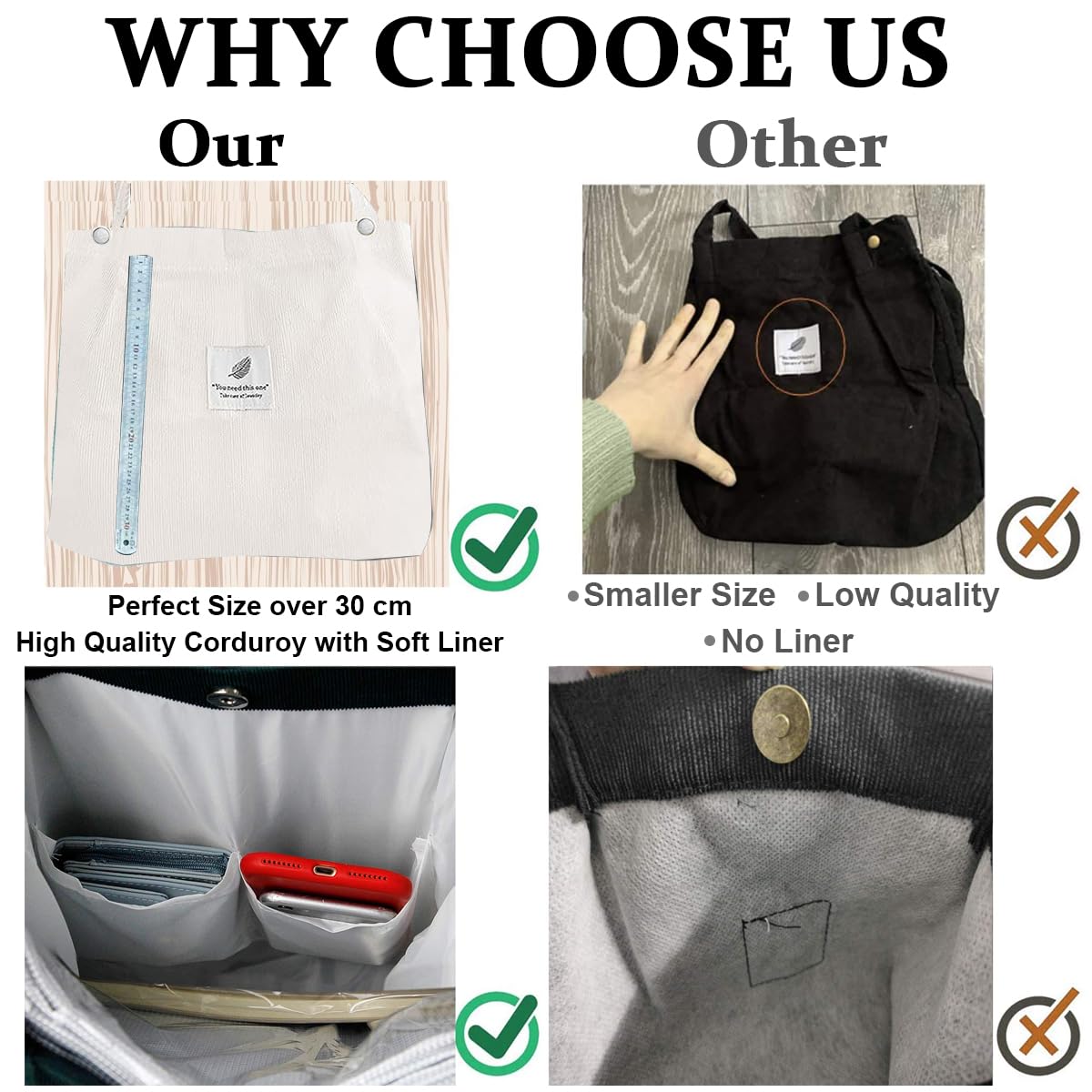 PALAY Tote Bags for Women for School Work and Shopping with Corduroy Material Beige & Green