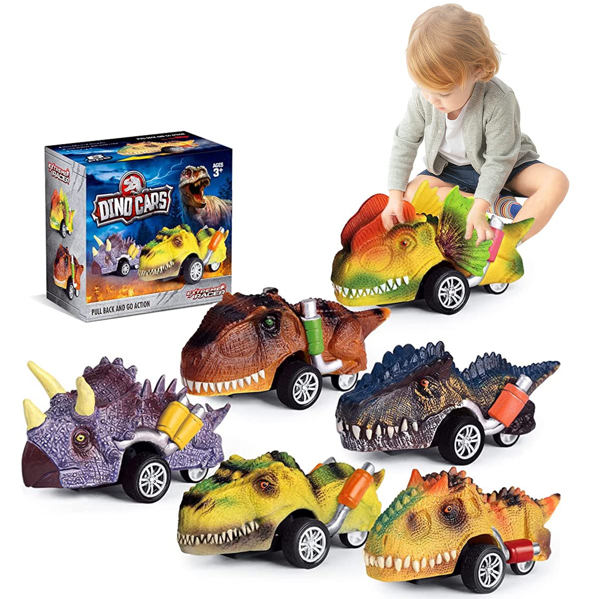 PATPAT® 6PCS Kids Dinosaur Toys Pull Back Cars, Color Dinosaur Car Toy Set, Dinosaur Car Toys for 2 3 4 5 Year Old Boys Girls, Boy Toys for 3-5 Years Old, Kids Christmas Birthday Gift