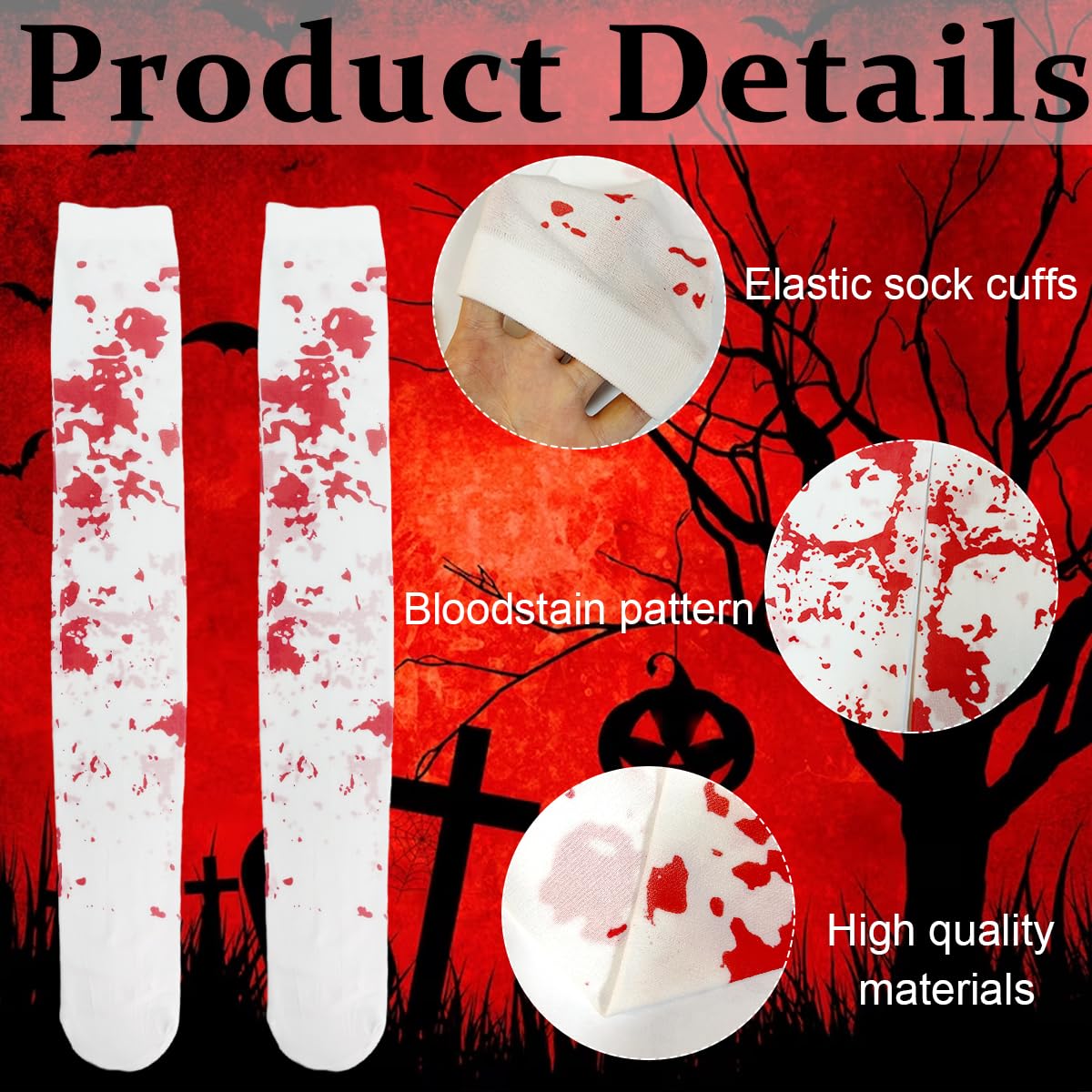 PALAY® 2 Pairs Halloween Stockings Blood Stained Thigh High Socks Zombie Decoration Halloween Costume for Girls Women Cosplay Party Vivid Horror Pranks Socks