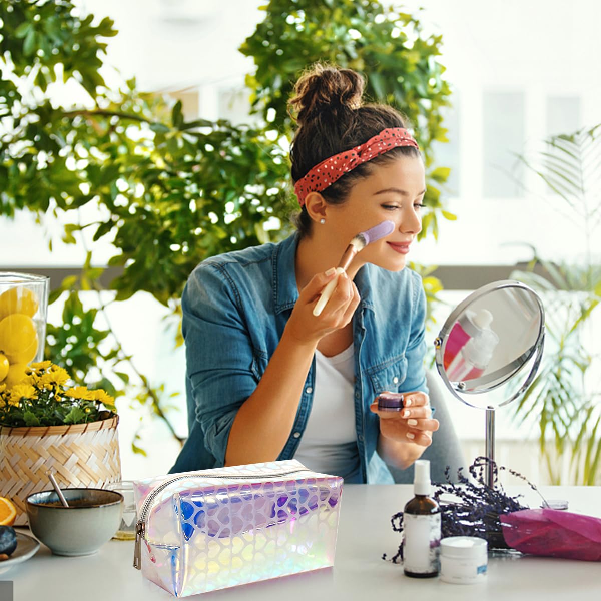 MAYCREATE Makeup Pouch Organizer for Travel with 16×8.5×9cm Capacity featuring Semi‑Transparent TPU & Holographic Heart Print | Cosmetic Bag for Women and Girls
