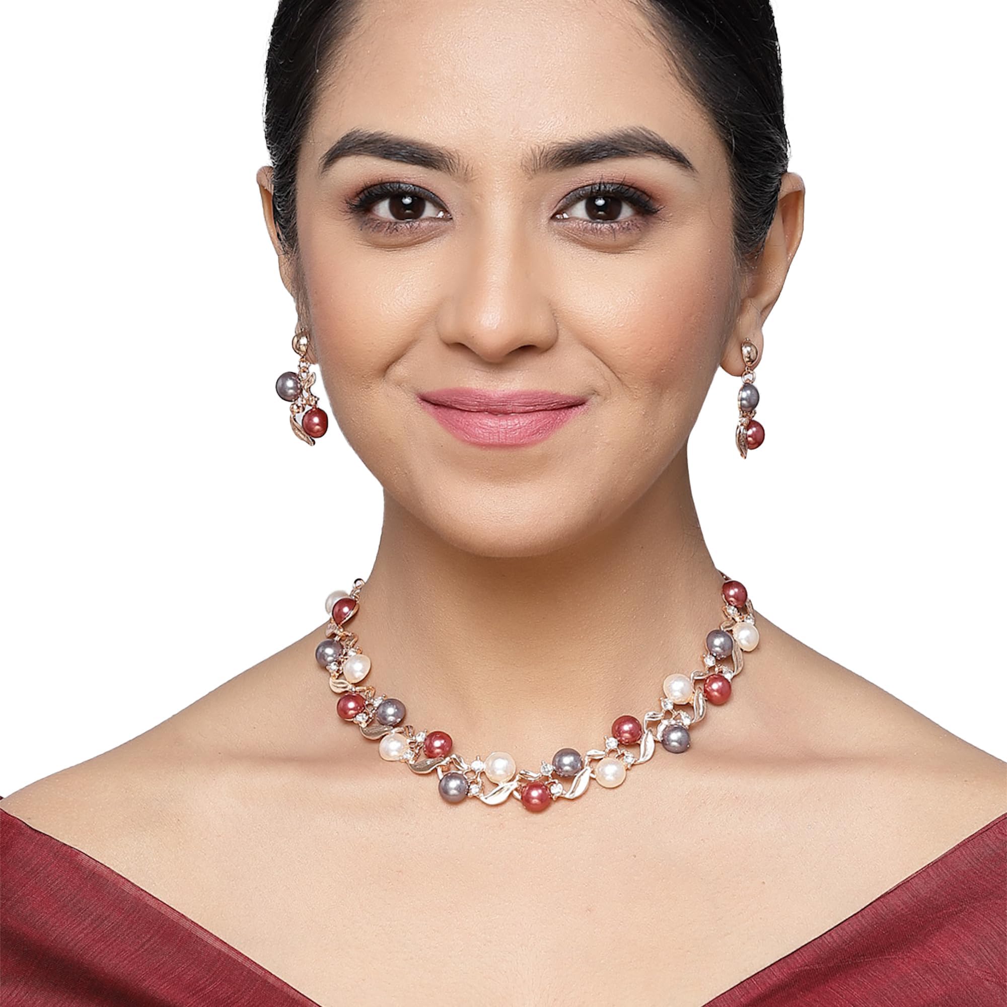 SANNIDHI Jewelry Set for Women with Pearl and Rhinestone Details | Necklace Bracelet & Earrings for Wedding and Party