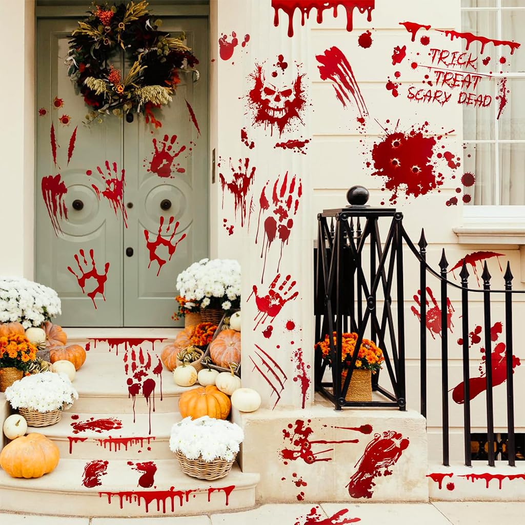 HASTHIP® 9 Sheet Halloween Horror Decals 95Pcs Red Bloody Horror Stickers Halloween Scary Haunted House Handprint Footprint Wall Decal Floor Stickers Window Stickers for Theme Party Halloween Decor