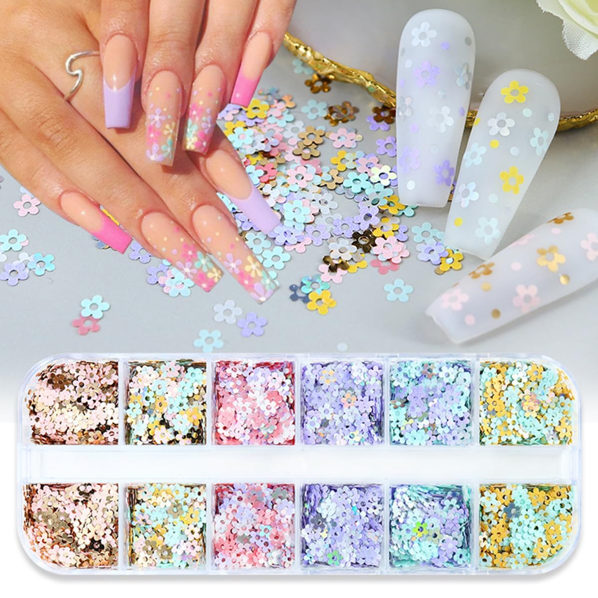 MAYCREATE Flower Nail Glitter Sequins for DIY Manicure with 12 Grids Mixed Colors | 3D Floral Nail Art Charms