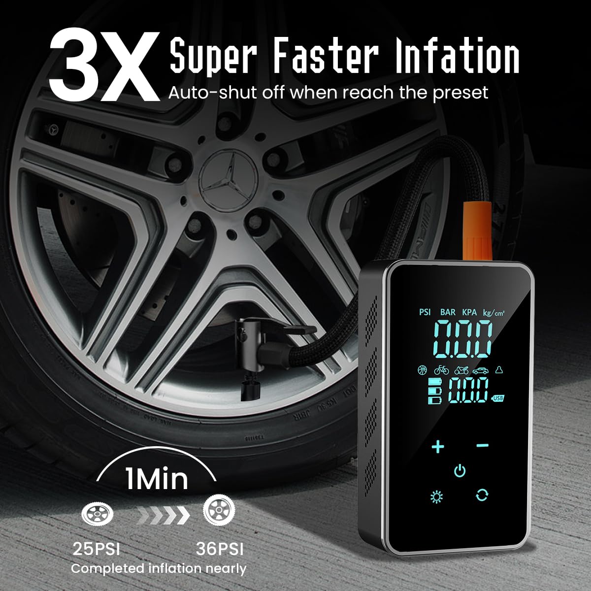 STHIRA® Cordless Tire Inflator LCD Display Car Air Pump with LED Light USB Rechargeable Electric Tire Inflator with Multi Inflation Nozzles 150 PSI Tire Pump with Touch Screen Button