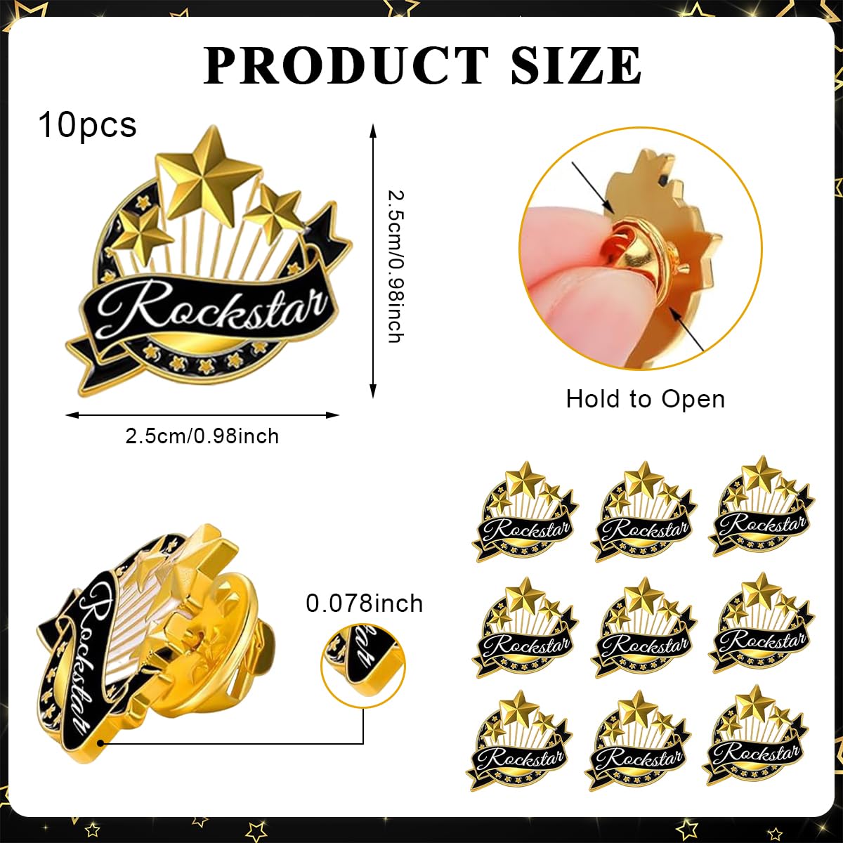 SANNIDHI Employee of The Month Lapel Pin Set for Recognition Programs with Pinback Mechanism and Alloy Build | 10Pcs Rock Star Enamel Brooch