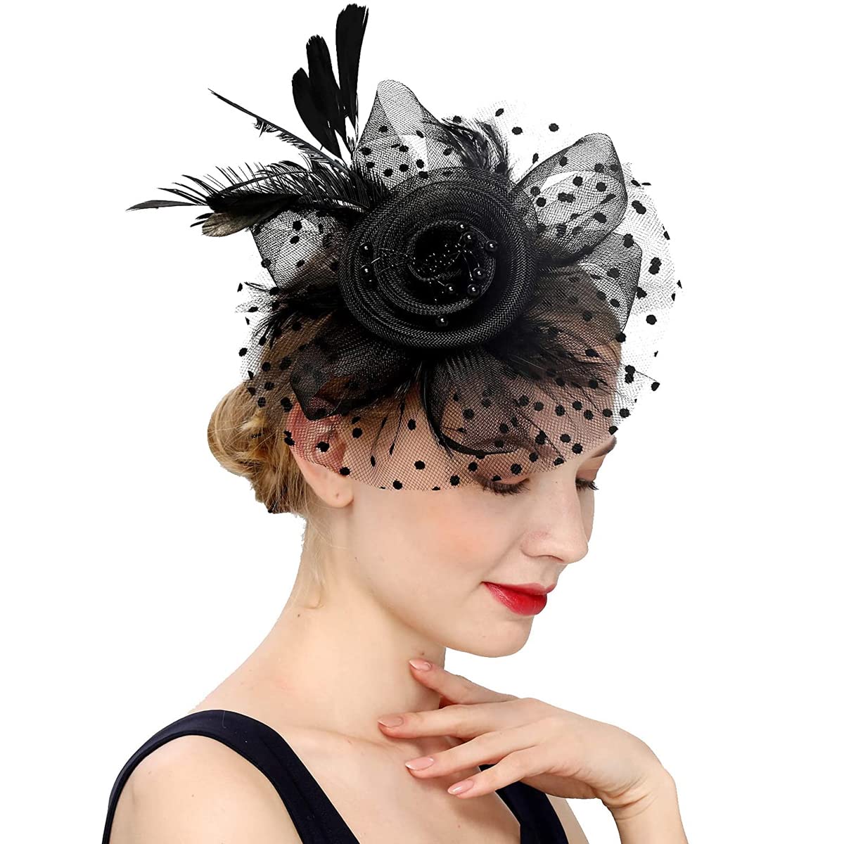 PALAY® Fascinator Hats for Women, Cocktail Tea Party Hat, Clip/Headband Flower Fascinator with Mesh Veil, Vintage Feather Headwear for Wedding Halloween - Black