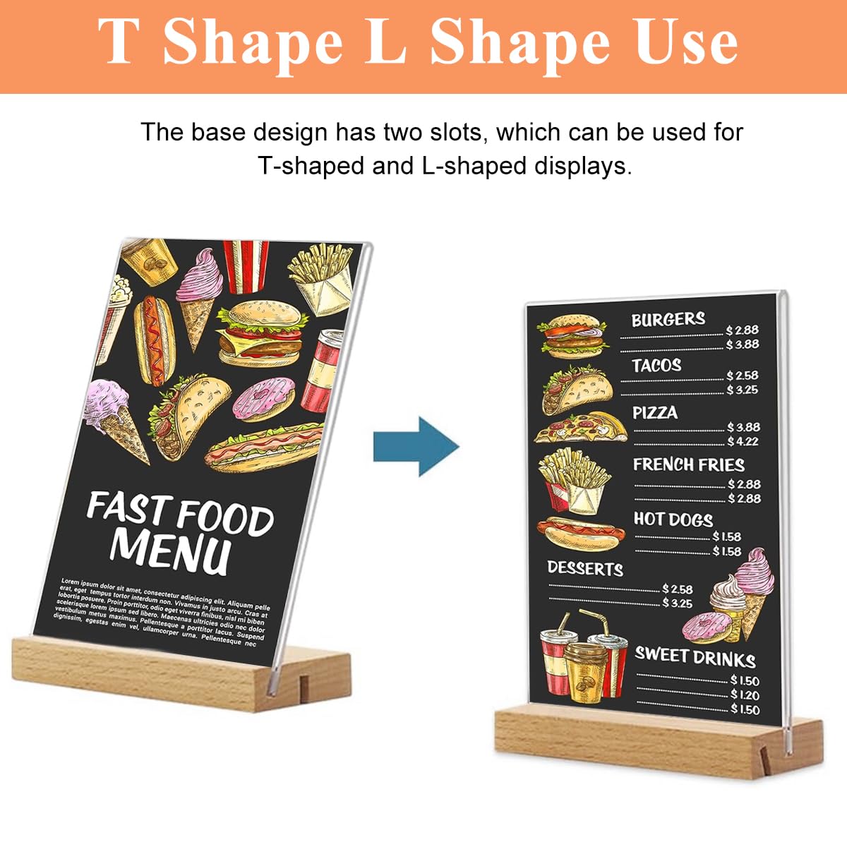 Climberty Sign Holder for Reception and Restaurant Displays with Reversible Wooden Base | 6PCS A5 Clear Acrylic Stand