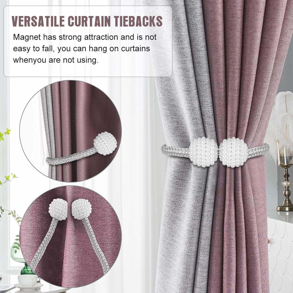 ZIBUYU Curtain Tiebacks 6Pcs for Home and Office Décor with 45cm Rope and Magnetic Pearl Heads