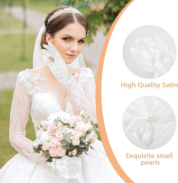 PATPAT® 1 Pair White Satin Wrist Hand Gloves for Women with Pearl Accent,Elegant Short Hand Accessories for Women White Gloves Wedding Party Festival Photography Formal Gown Accessories