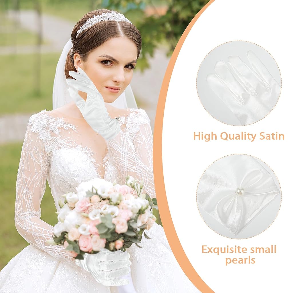 PATPAT® 1 Pair White Satin Wrist Hand Gloves for Women with Pearl Accent,Elegant Short Hand Accessories for Women White Gloves Wedding Party Festival Photography Formal Gown Accessories