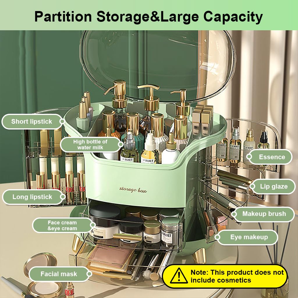 HANNEA Makeup Organizer for Dressing Table with 9 Storage Areas and Rotatable Compartments | Green ABS Skincare Box