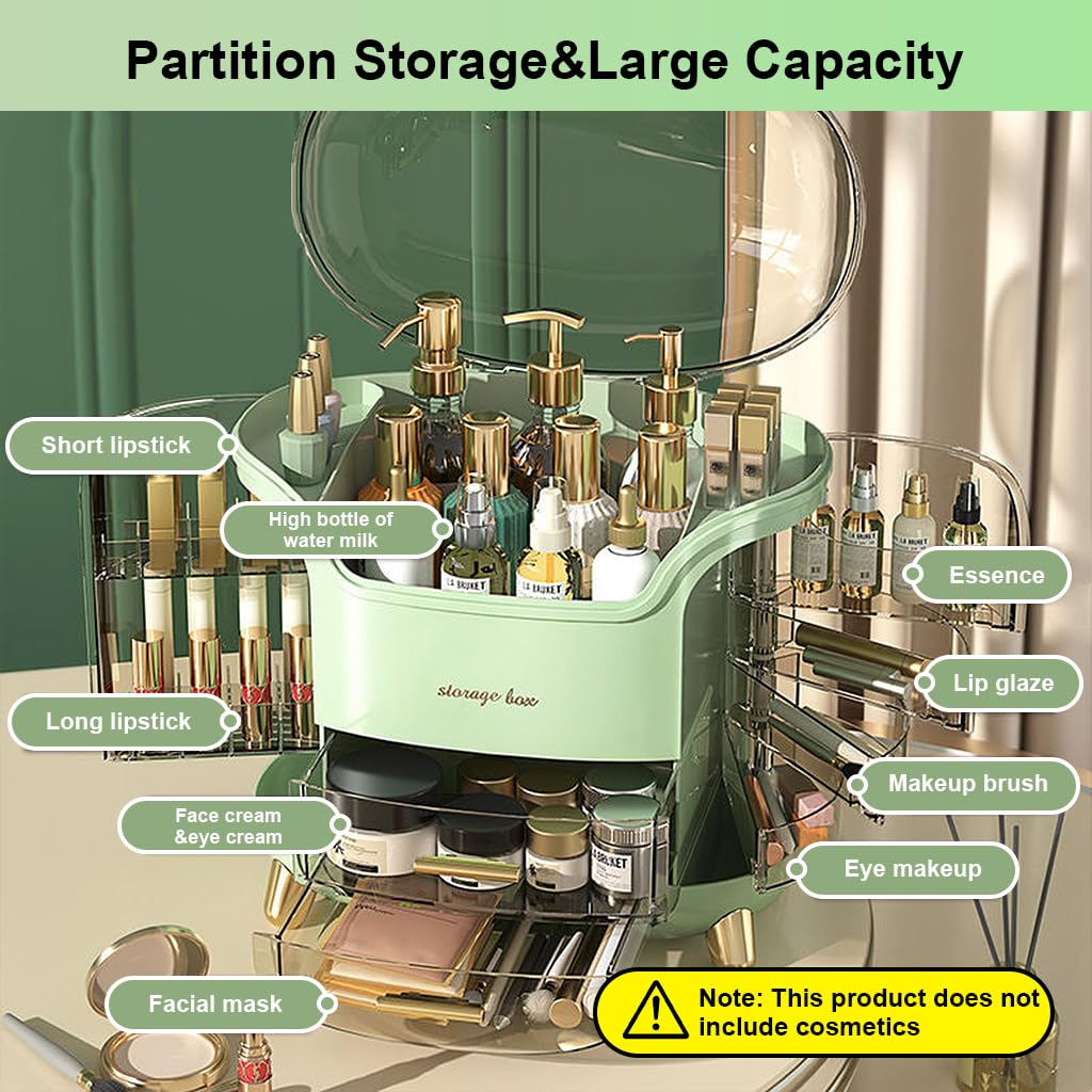 HANNEA® Dressing Table Organizer Large Makeup Organizer Multi Layer Open Cosmetics Organizer Case with Lipstick Storage Slots, Drawers, Skincare Product Organizers Box for Dressing Table (Green)