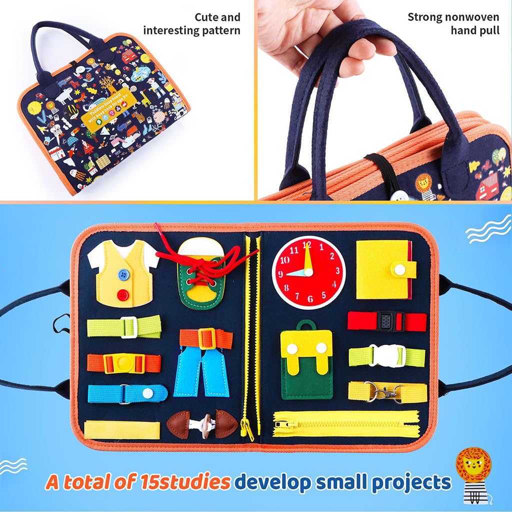 ZIBUYU Busy Board for Toddlers with 8 Pages and 25 Activities featuring Soft Felt Material | Montessori Travel Sensory Toy