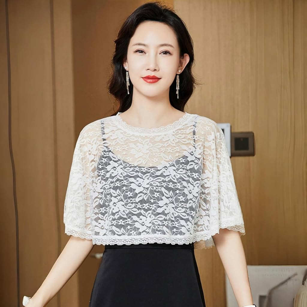 SANNIDHI® White Shrug for Woman Capes For Women Stylish Sheer Lace Shawl Cover Up, Off Shoulder Wrap with Floral Pattern, Elegant Summer Cover Up for Wedding Party Evening Dress