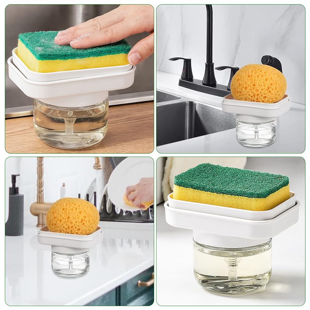 Supvox Glass Liquid Soap Dispenser 280ml for Kitchen with Integrated Sponge Drain Holder