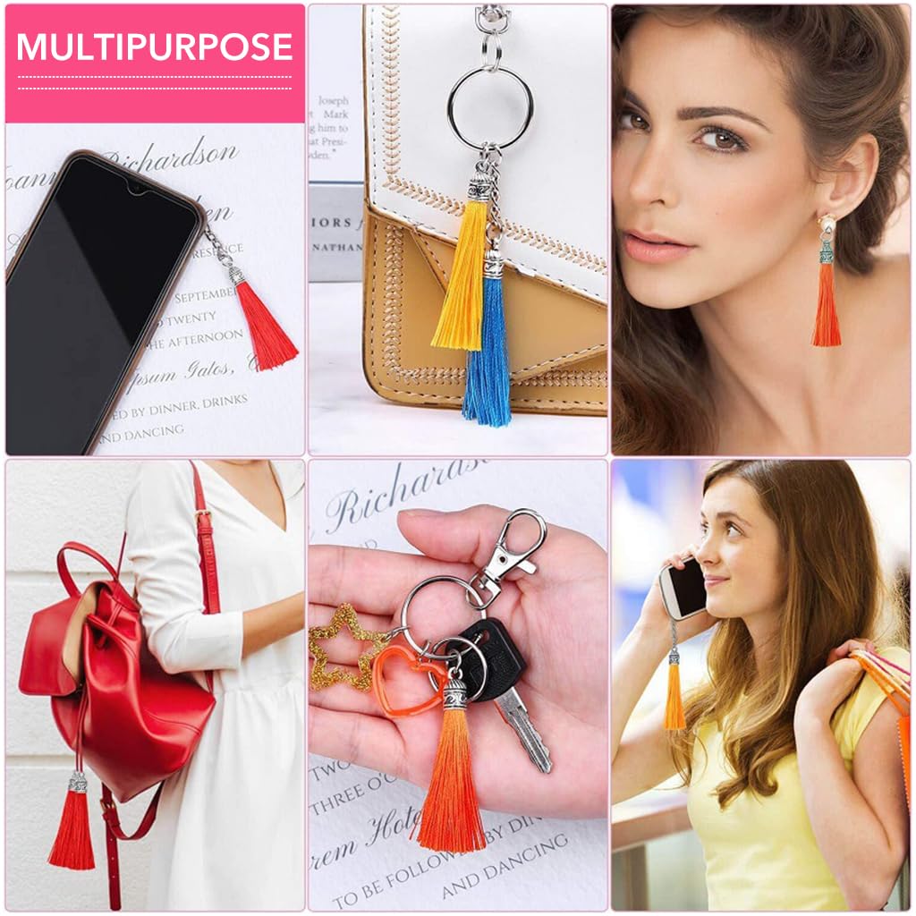 HASTHIP Tassels for Jewelry Making with 100 mixed colors and hanging loop design | 2.36 inch silky polyester set