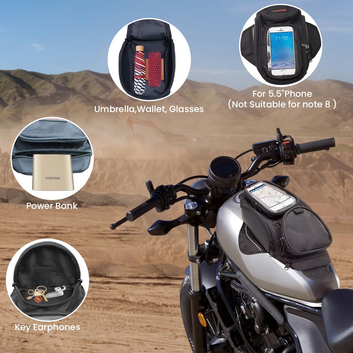 STHIRA Motorcycle Tank Bag for Bike Riding with Magnetic Mount and Phone Pouch | Polyester Multipocket Design