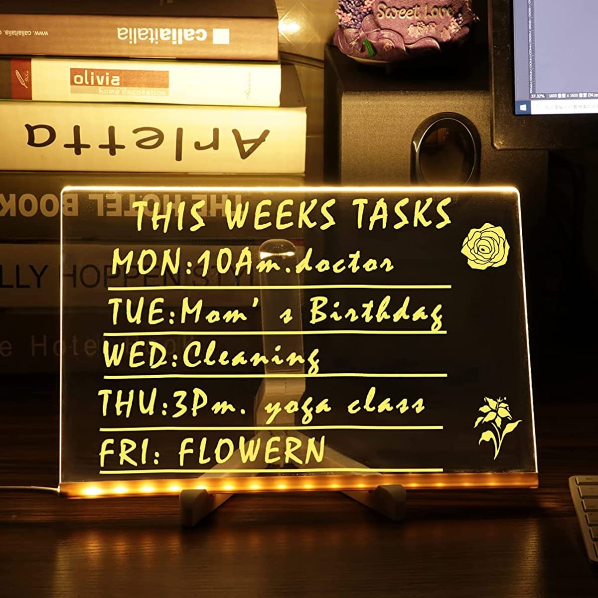 Climberty 3D Acrylic Writing Board for Messages and Schedules with 7 Color Pens 11.8 x 7.9 in | USB LED Light Up Rewritable Design