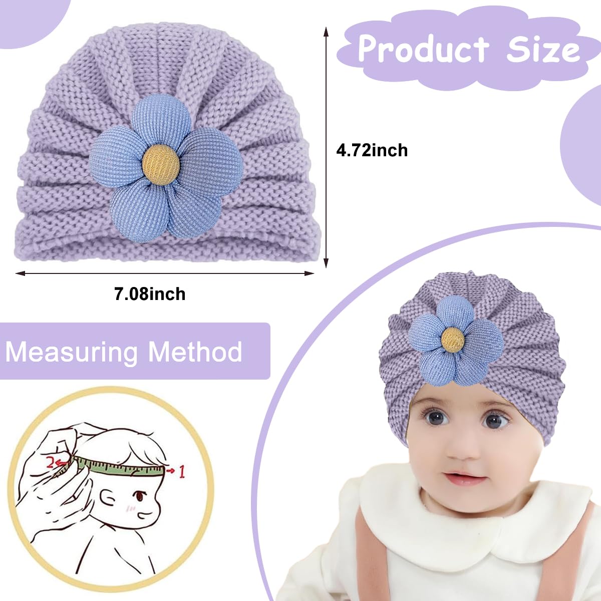 SNOWIE SOFT® 3Pcs Baby Hats for Girls Winter Cap for Kids Winter Hat Set Woolen Cap for Baby, Knitted Flower Cap Warm Beanie Toddler Stretchy Hat for 0 to 2 Years Baby Shower Gifts, Christmas Gift