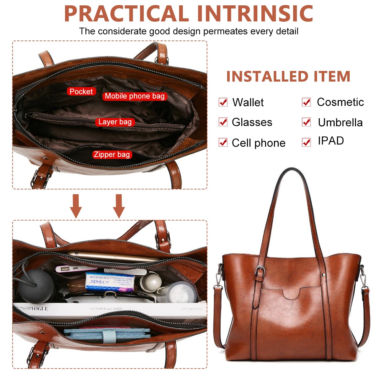 PALAY Tote Bag for Women with Detachable Adjustable Strap and Waterproof PU Material | Large Shoulder Bag for Travel and Daily Use