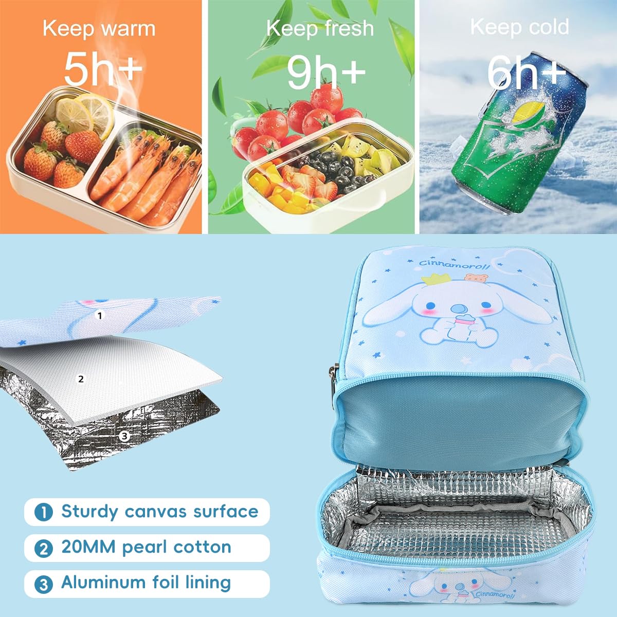 HASTHIP Student Lunch Bag for School and Picnic with Double Layer Insulation 18x10x24cm | Waterproof 600D Oxford Kawaii Cinnamon Design