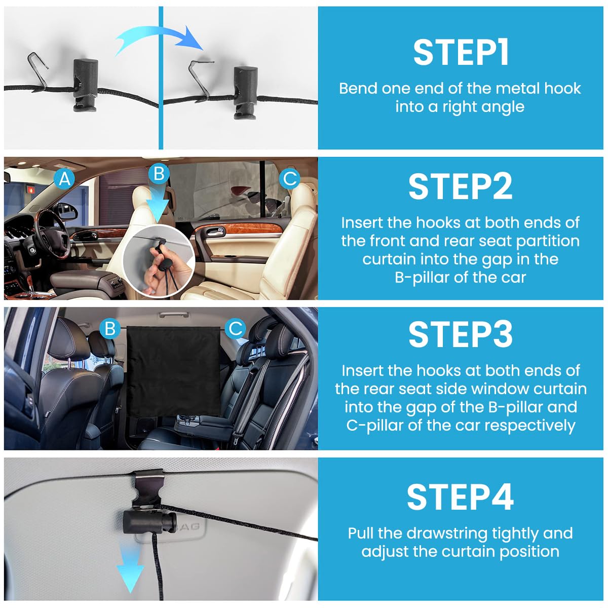 STHIRA Car Blackout Curtain Divider 4PCS for Privacy Protection with Tension Cords | Universal for SUV and Van