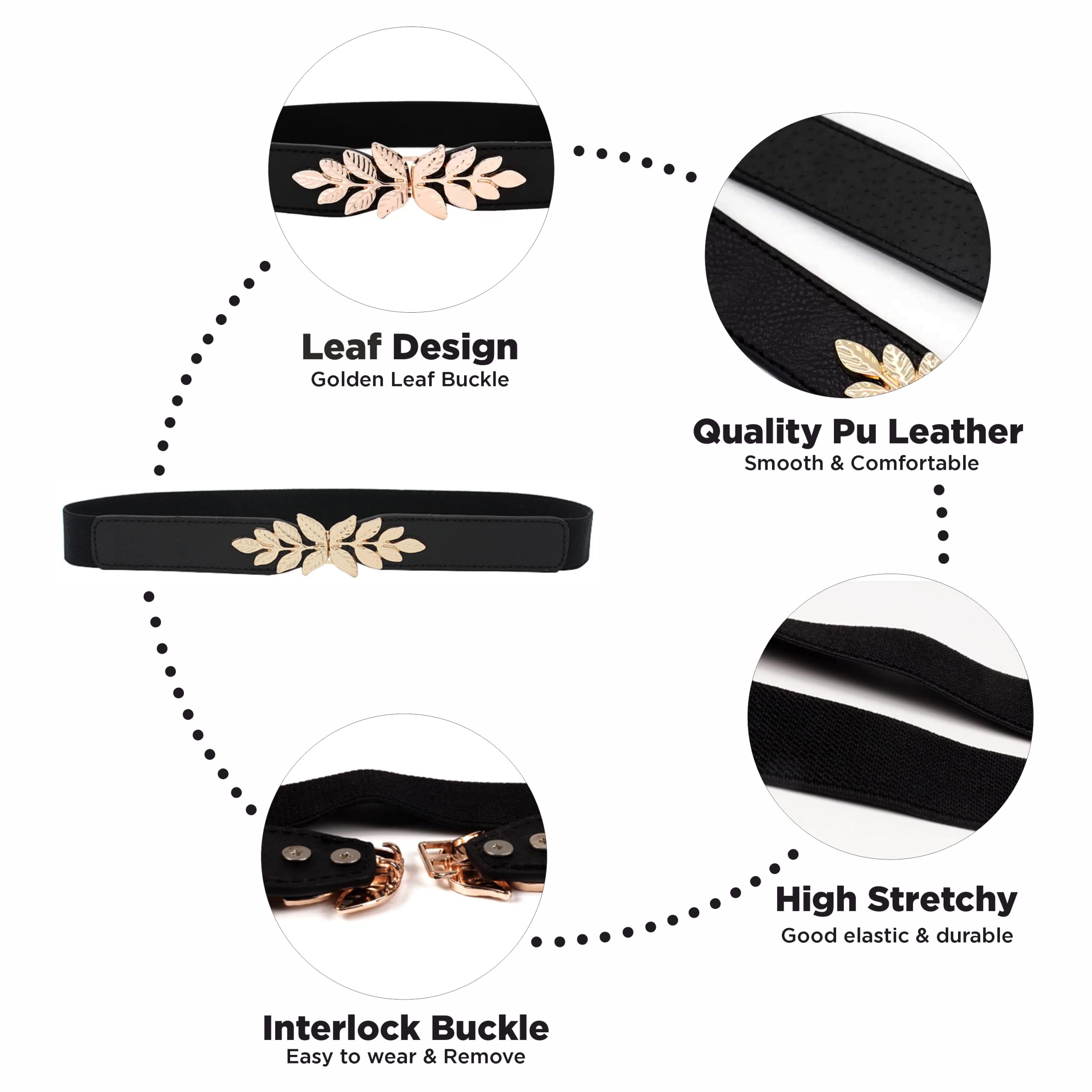 ZIBUYU Waist Belt for Women with Leaf Metal Interlock Buckle Adjustable 25–34 in Fit | Black Stretchy PU and Nylon Design