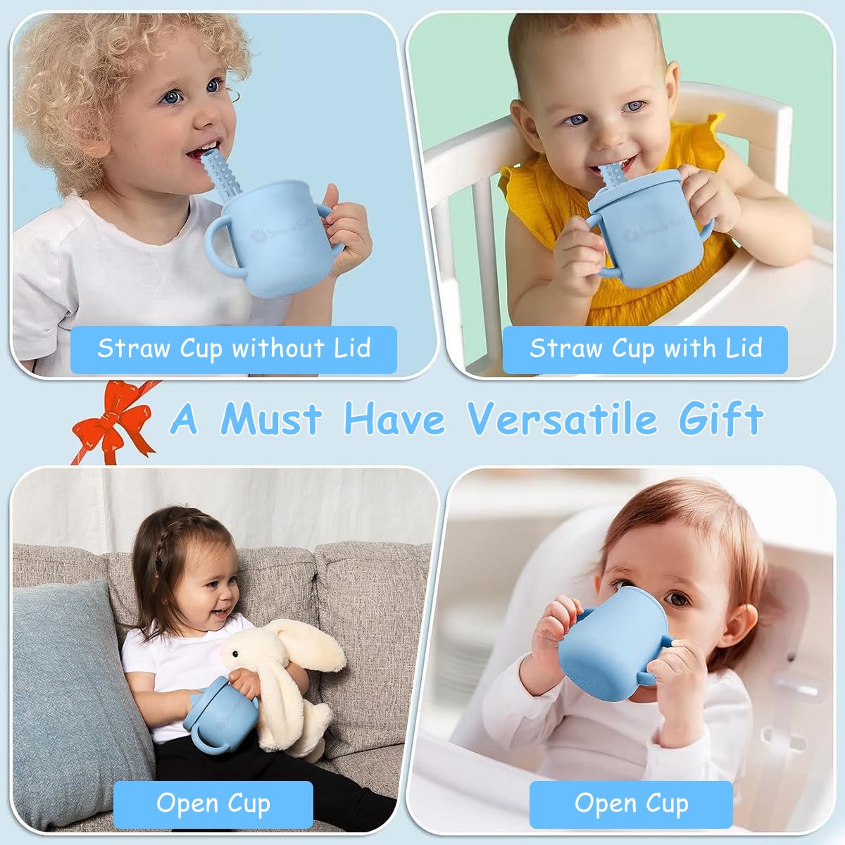 SNOWIE SOFT Silicone Sippy Cup for Baby with 2 in 1 Lid and Teether Straw, 250ml Blue | Spill Proof Training Cup 6–12 Months
