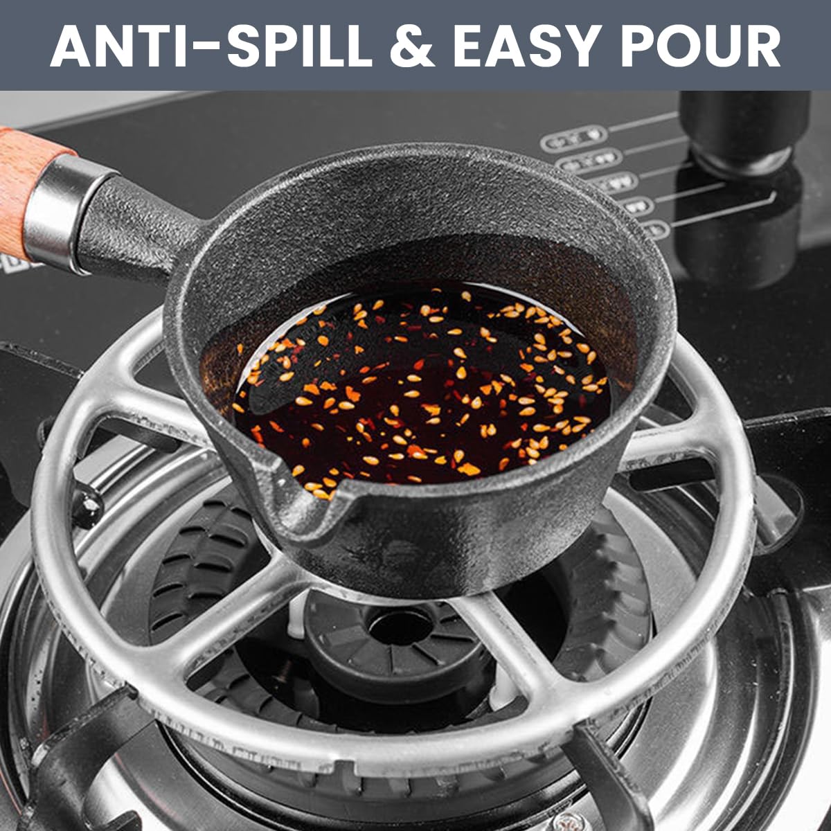 ZIBUYU Mini Cast Iron Pot for Melting Butter and Chocolate 4.3 in with Wooden Handle | Includes Stove Rack