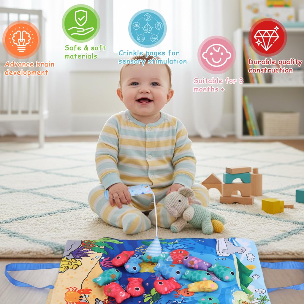 SNOWIE SOFT Magnetic Fishing Game Set for Toddlers with Fabric Mat and Plush Fish | Educational Color Sorting and Hand Eye Coordination Play