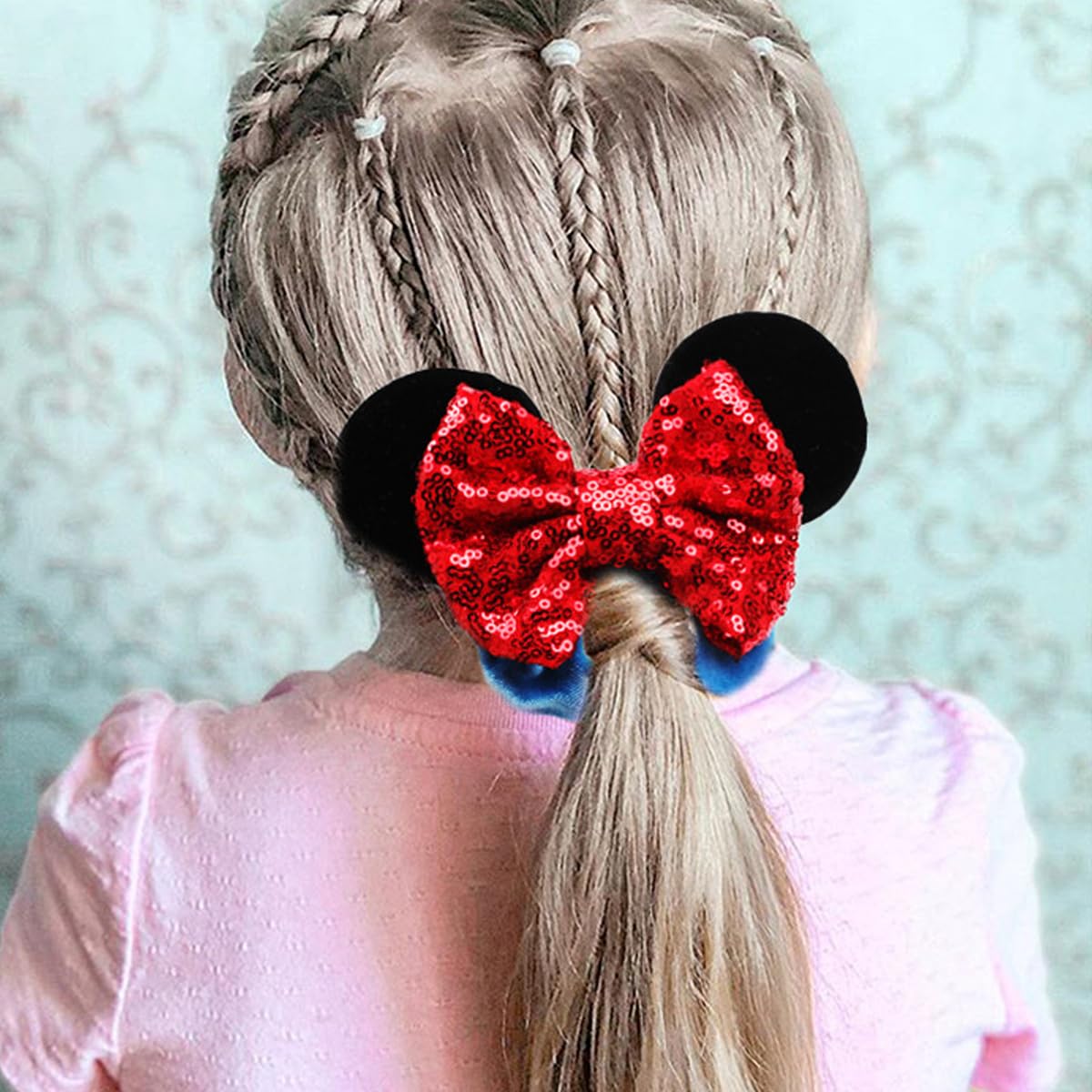 PALAY Girls Scrunchies for Ponytails with Sequin Bow and Mickey Ears 4pcs | Soft Flannelette Elastic Hair Ties