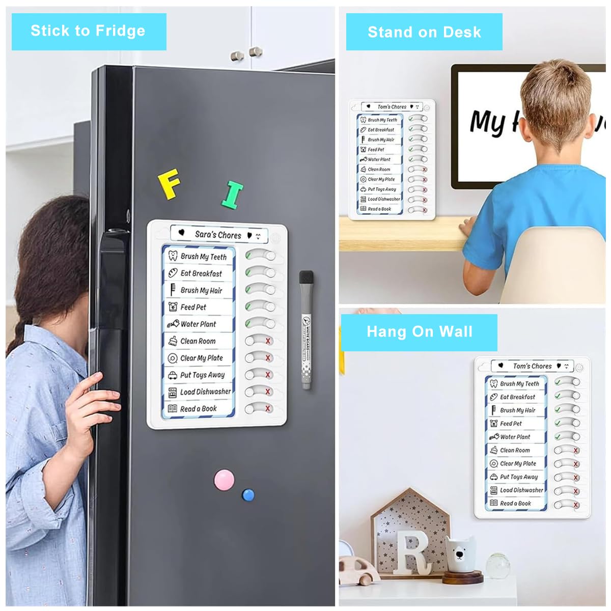 Climberty Magnetic Dry Erase To Do Board for Home and Office featuring Sliding Self Check Button | Blue